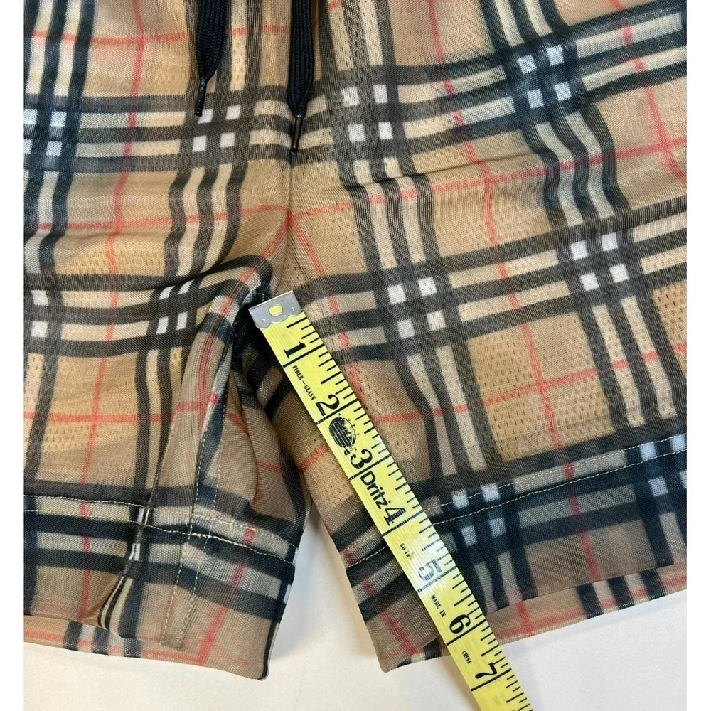 New Burberry Men's Swim Short Iconic Plaid Sheer Over Tan Mesh Pullon Pockets XS